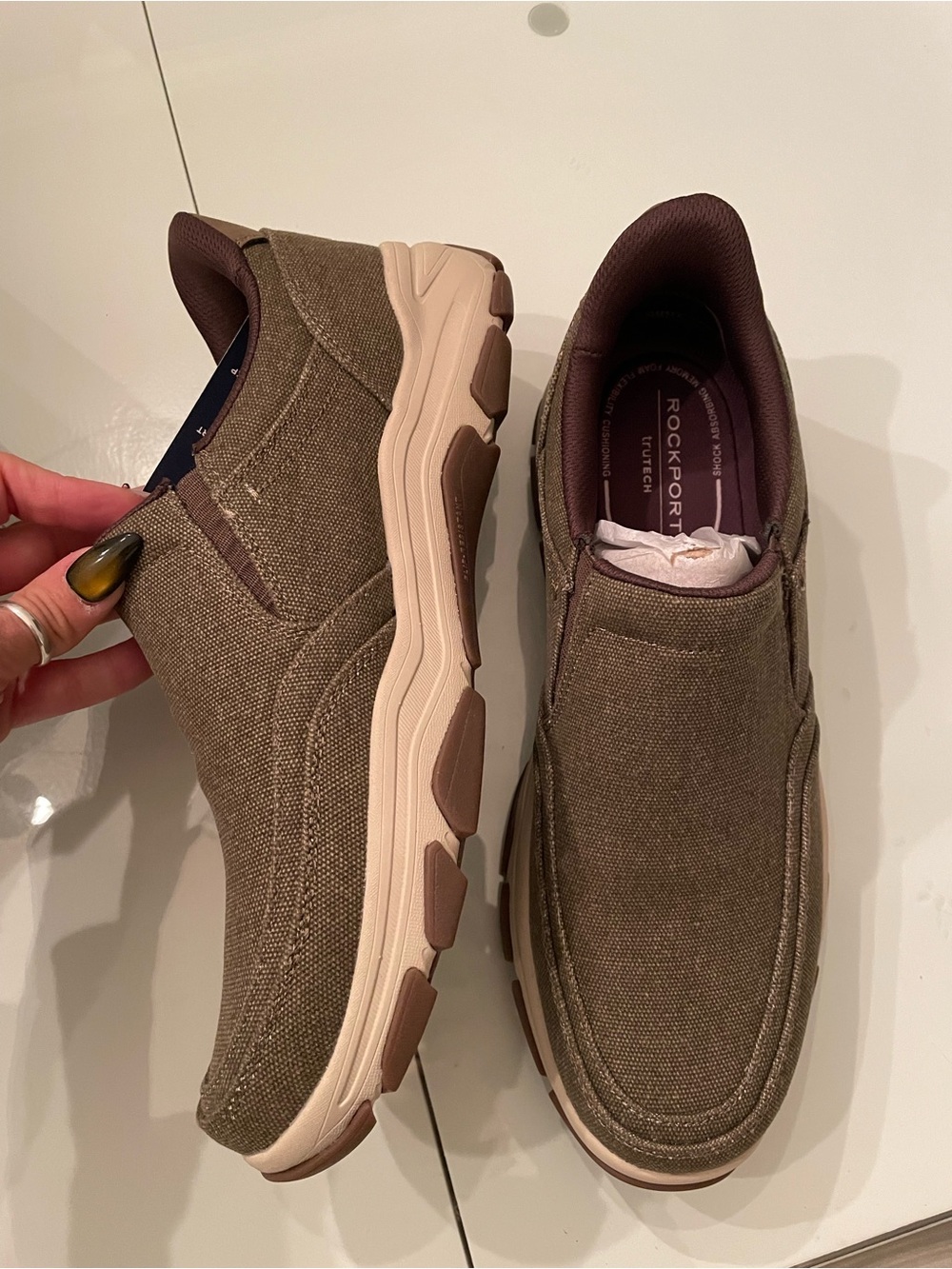 Rockport Olive Canvas Slip-On Loafers with Brown Accents